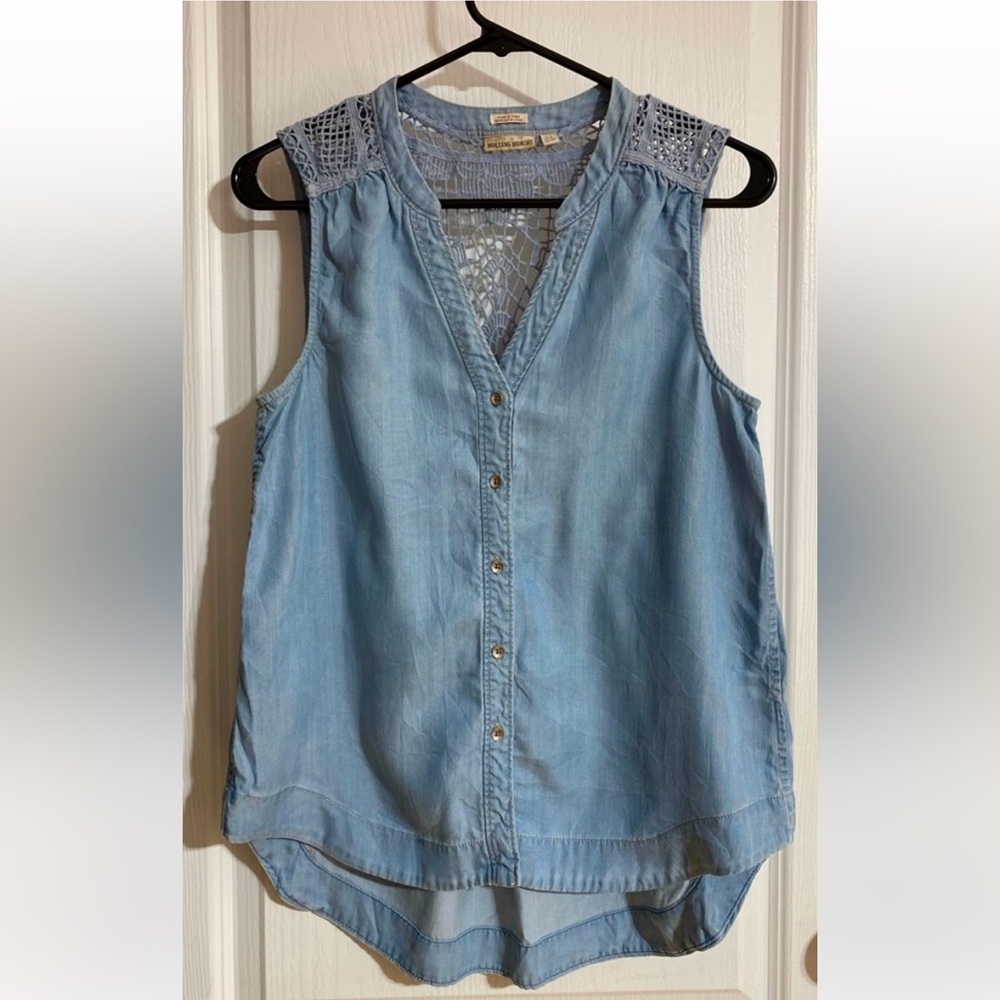 Anthropologie Holding Horses Chambray Crochet Buttoned Sleeveless Blue Top Size4